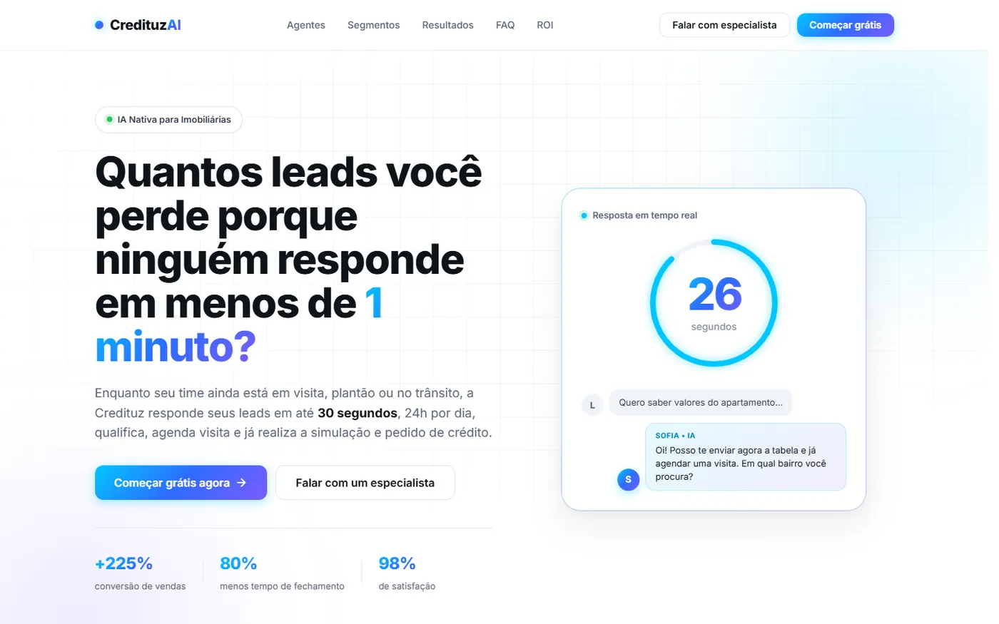 Landing page desenvolvida para a Credituz AI, plataforma de atendimento por inteligência artificial para imobiliárias