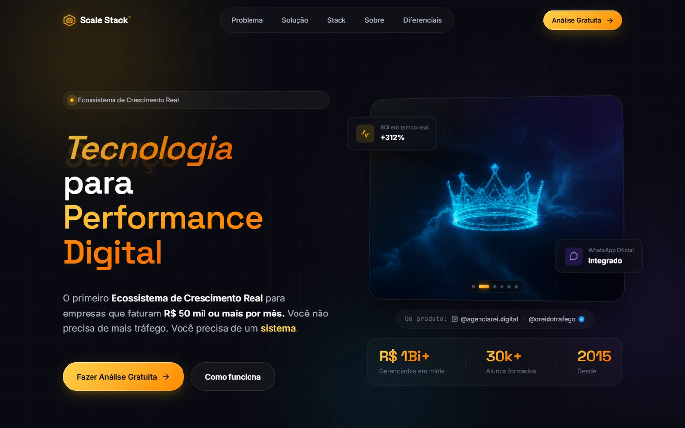 Landing page desenvolvida para o Scale Stack, ecossistema de CRM e performance